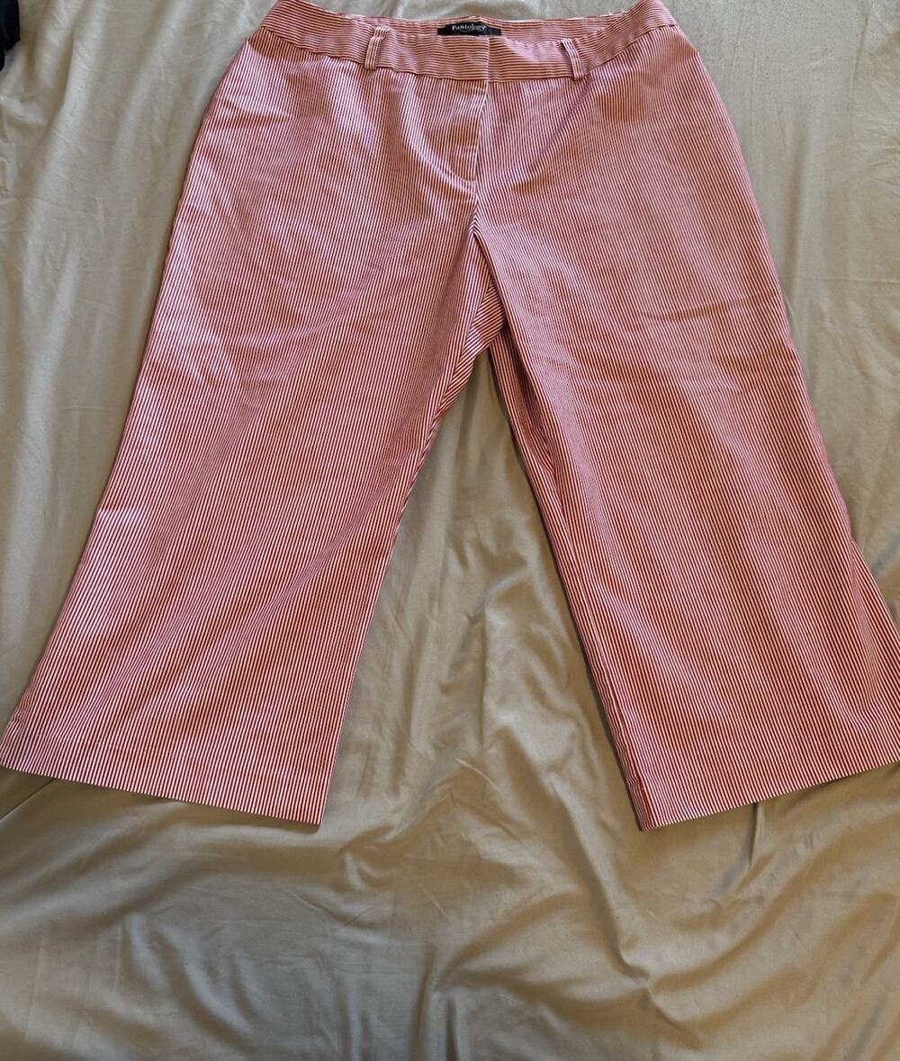 Pantology Womens 12P Petite Capri Pants Red White Pinstripe Wide Leg Cropped